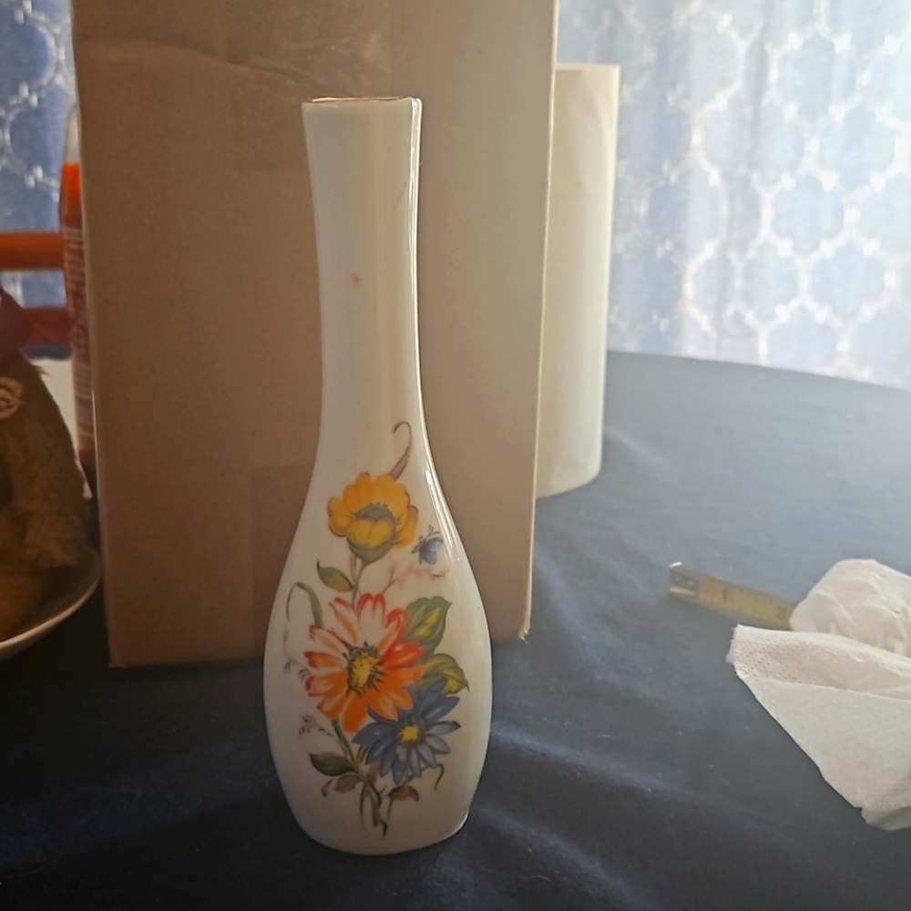 White porcelain bud vase hand painted butterfly flowers